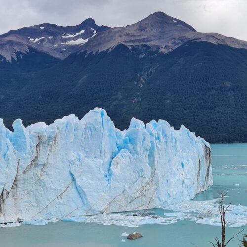 Vista ravvicinata del maestoso ghiacciaio Perito Moreno che si tuffa nel lago, meta inclusa nei programmi di korakane travel